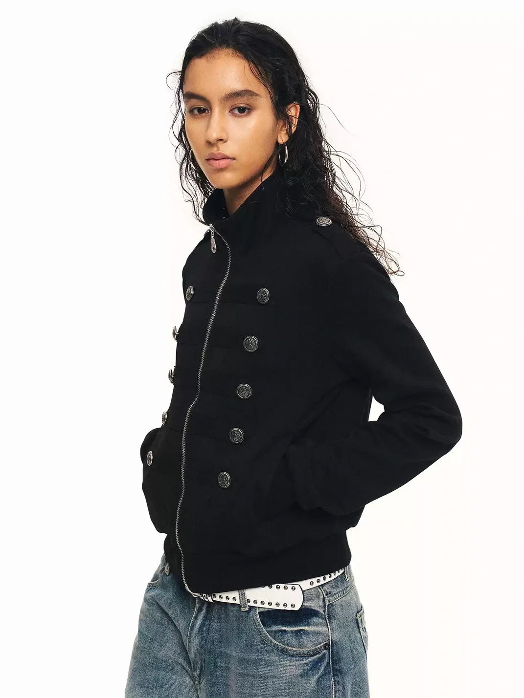 0123 Start | Stand-Collar Double-Breasted Cropped Slim-Fit Jacket