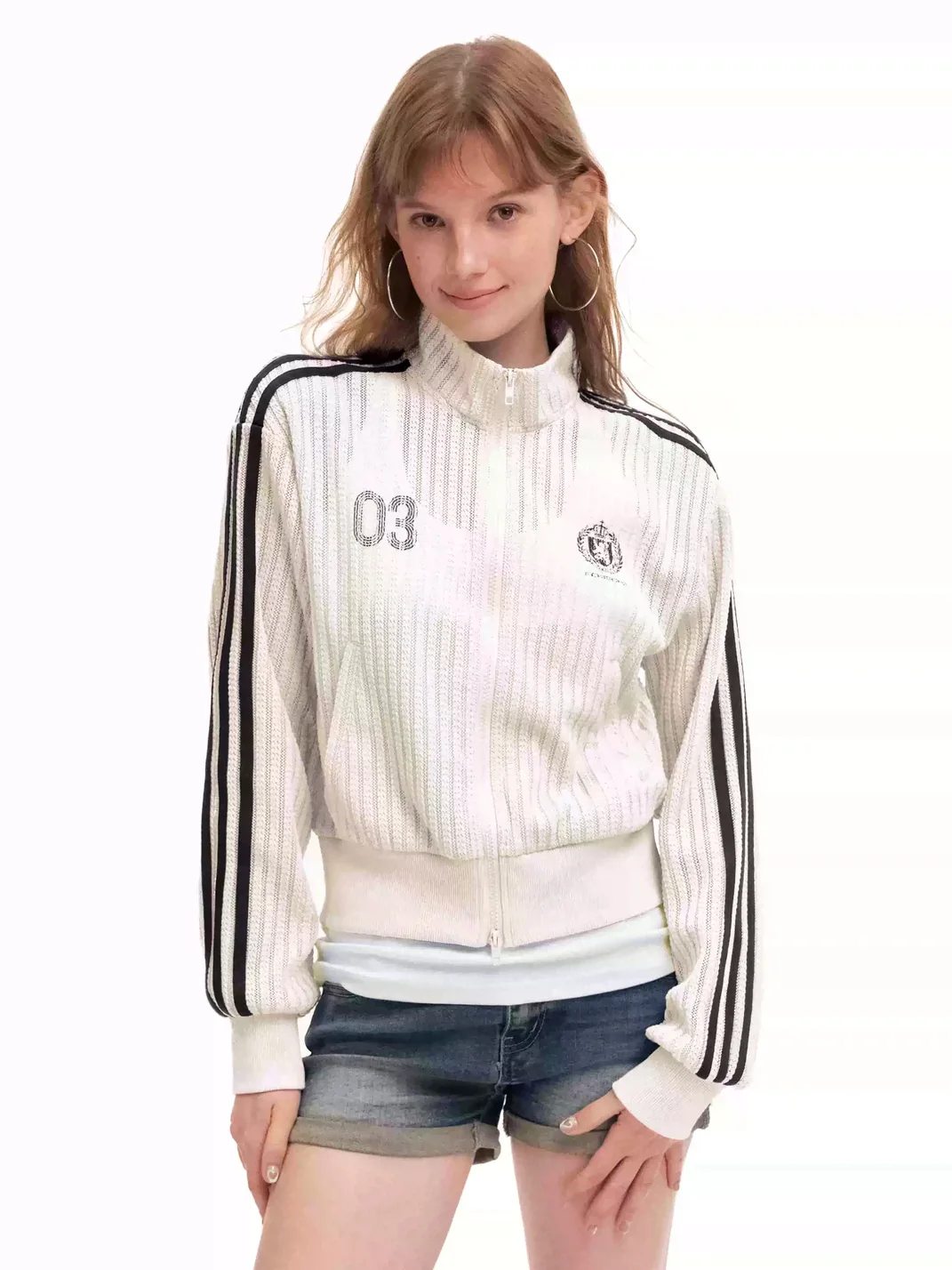 0123 Start | Striped Openwork Knit Cropped Stand Collar Jacket