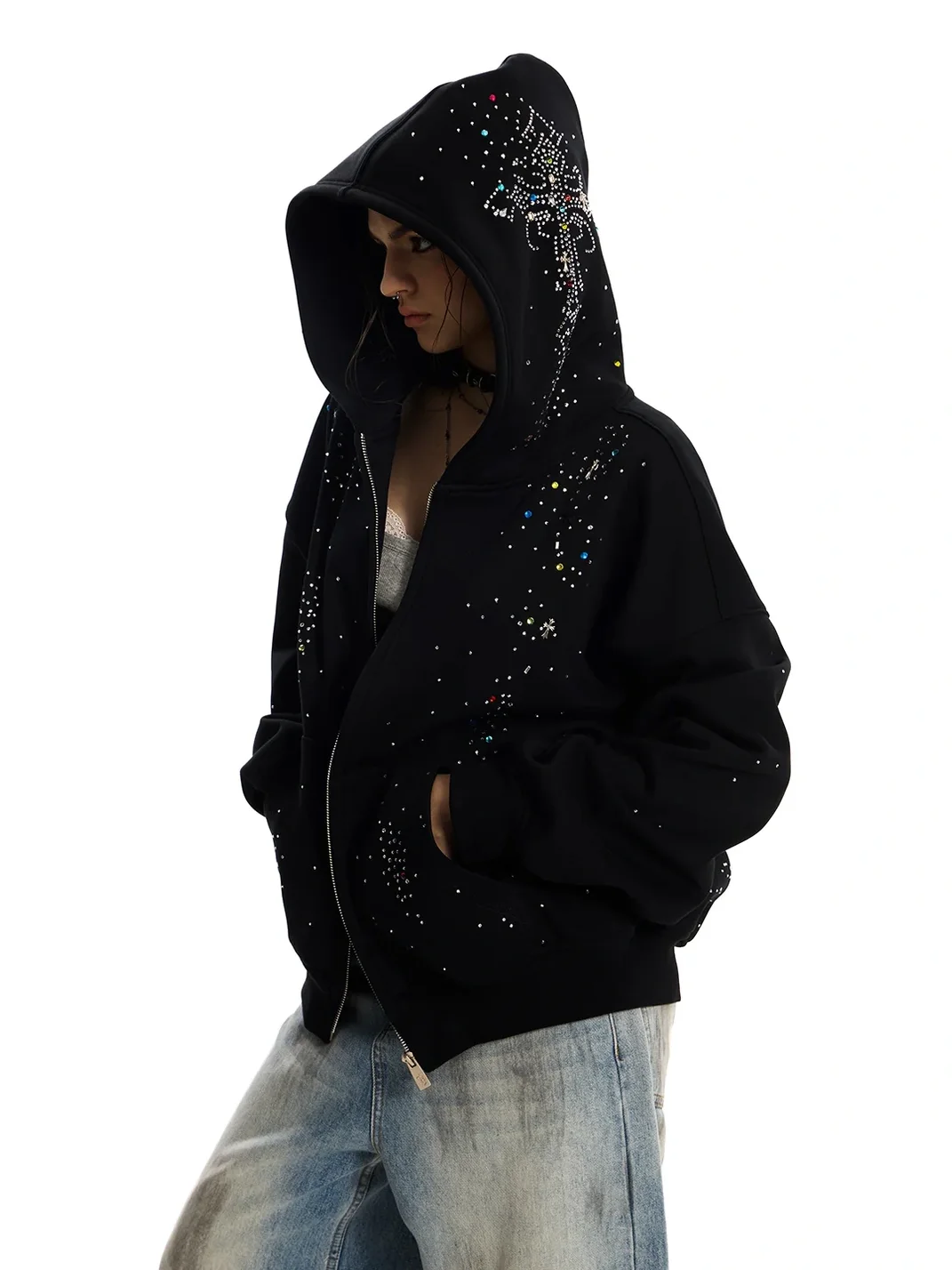 0123 Start | Loose Fit Cross Rhinestone Hooded Sweatshirt
