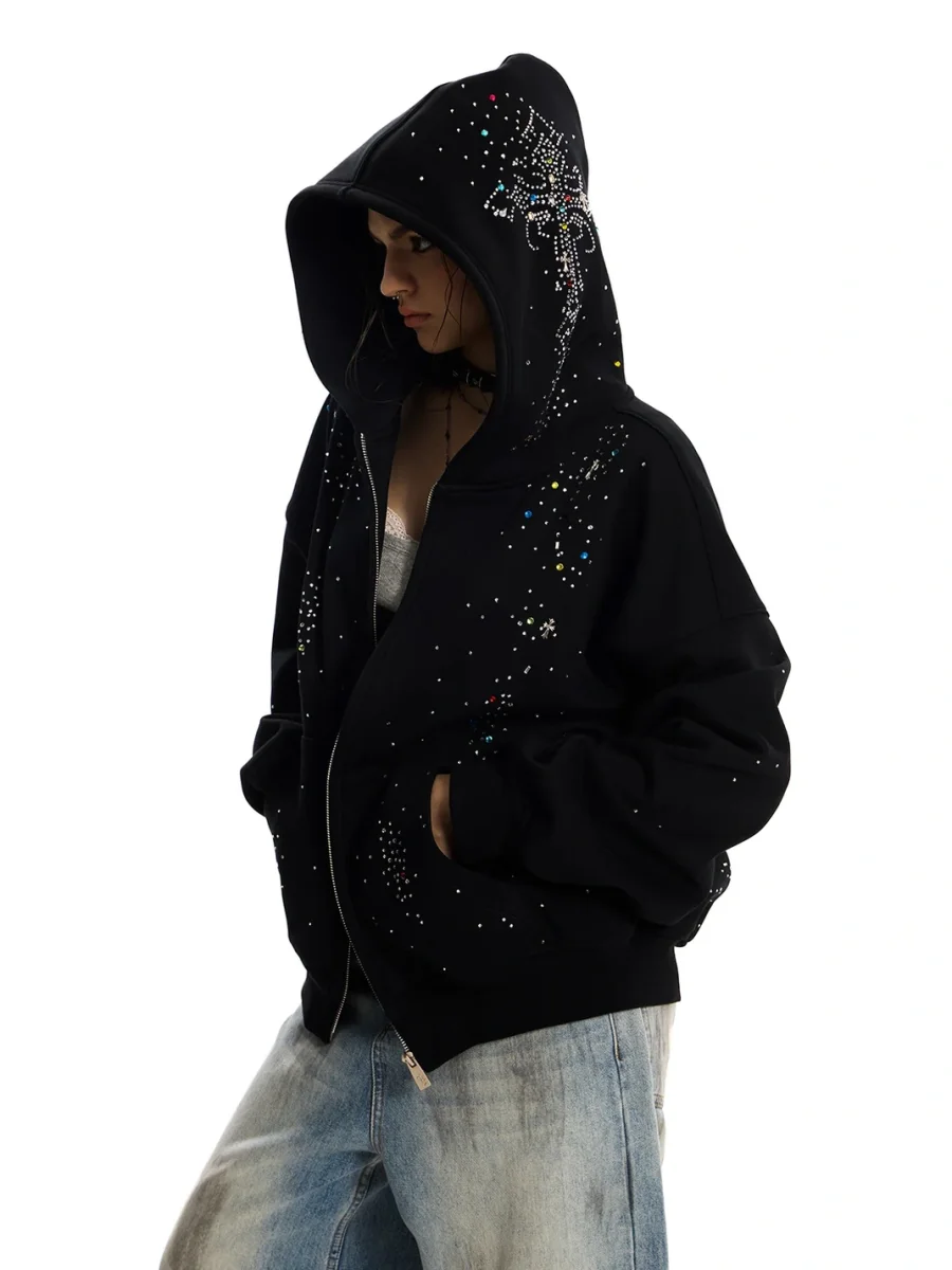 0123 Start | Loose Fit Cross Rhinestone Hooded Sweatshirt - 4
