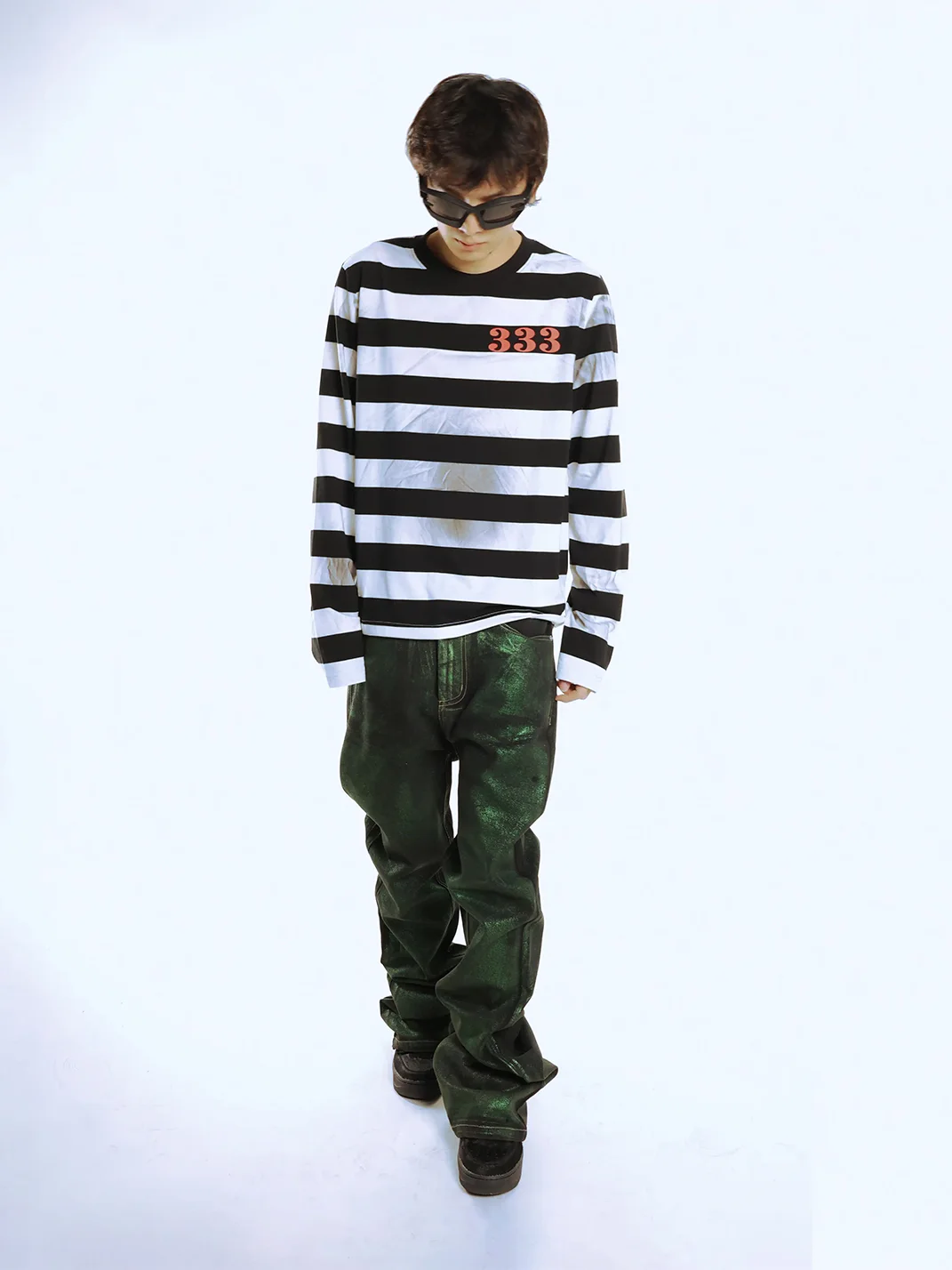 PCCVISION | Distressed Striped Long Sleeve Graphic T-Shirt