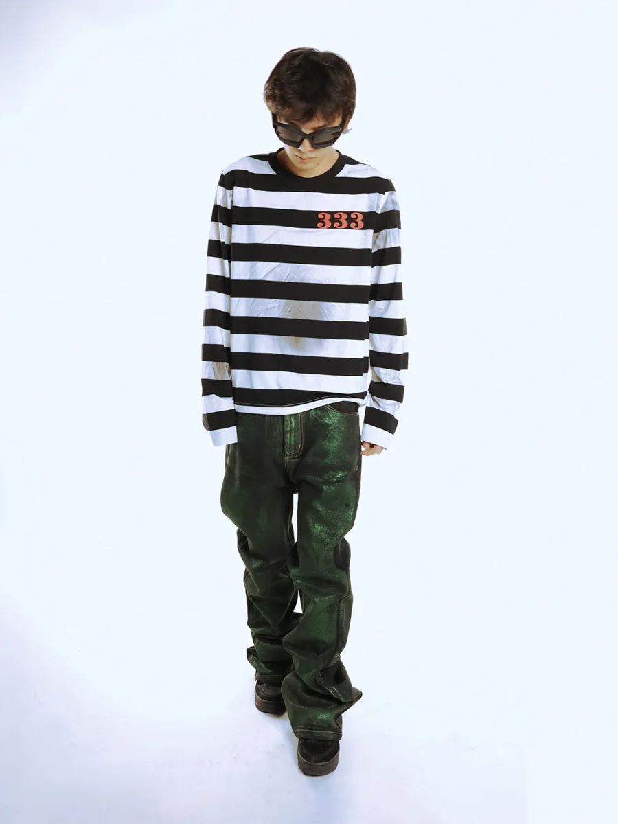 PCCVISION | Distressed Striped Long Sleeve Graphic T-Shirt - 2