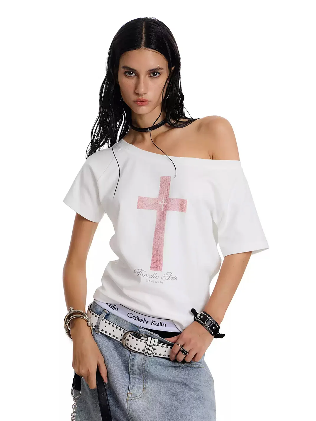 0123 Start | Loose Off-Shoulder Cross Print Short-Sleeve T-Shirt