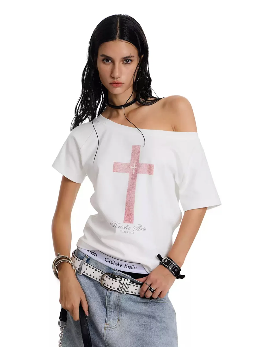 0123 Start | Loose Off-Shoulder Cross Print Short-Sleeve T-Shirt - 2