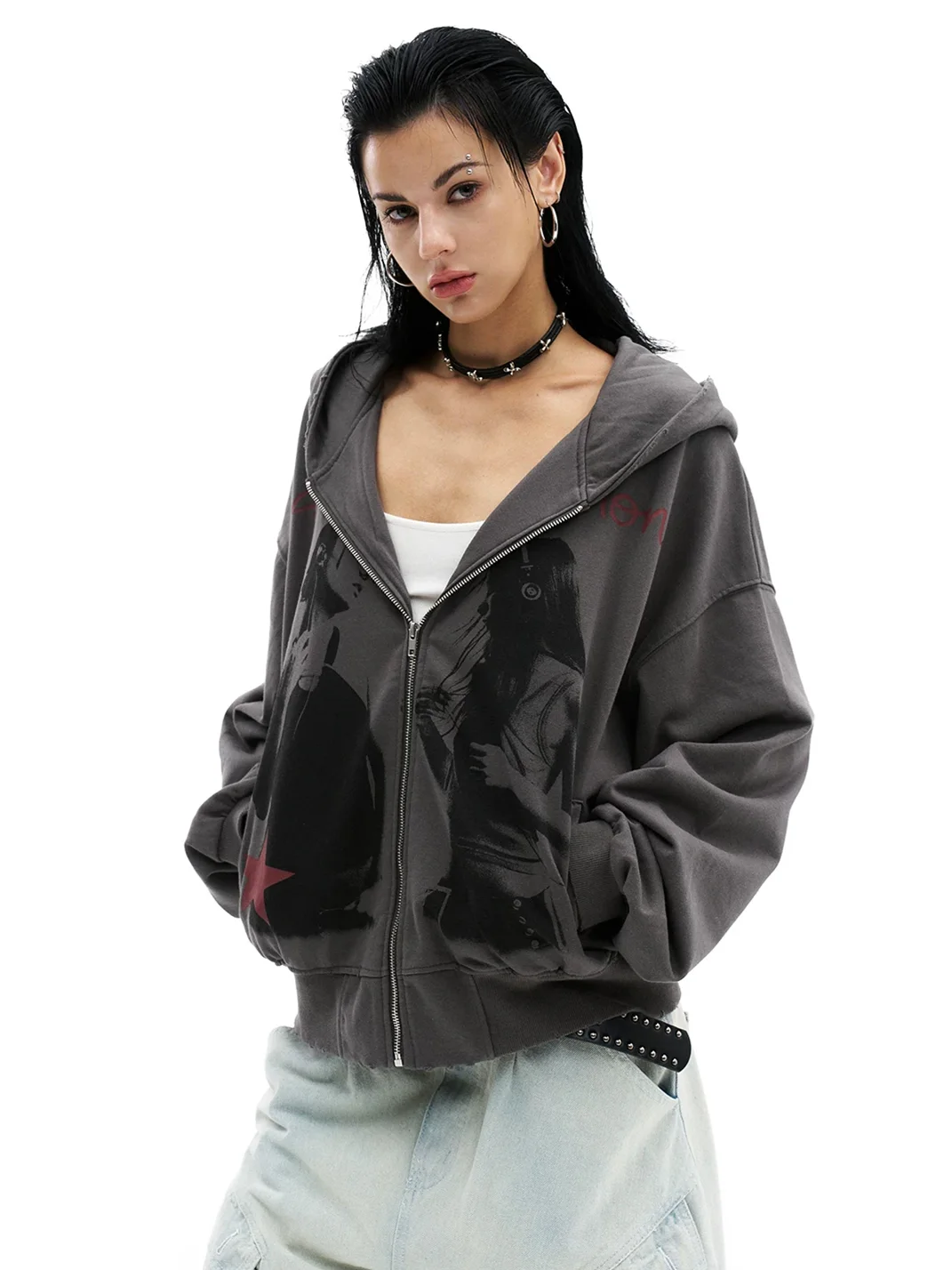 0123 Start | Distressed Portrait Print Loose Zip-Up Hoodie