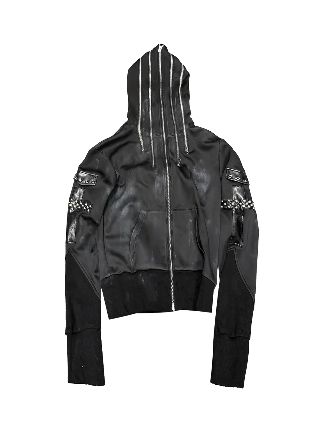 DETW | Distressed Studded Multi-Zip Hooded Sweatshirt Jacket