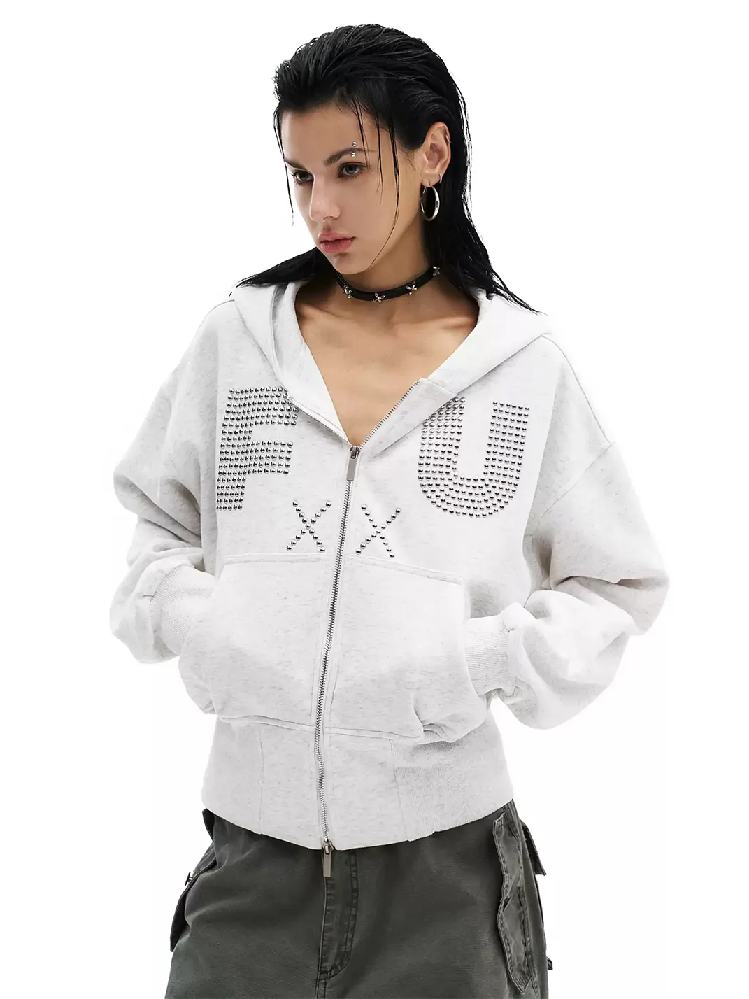 0123 Start | Studded Letter Cropped Zip-Up Hoodie