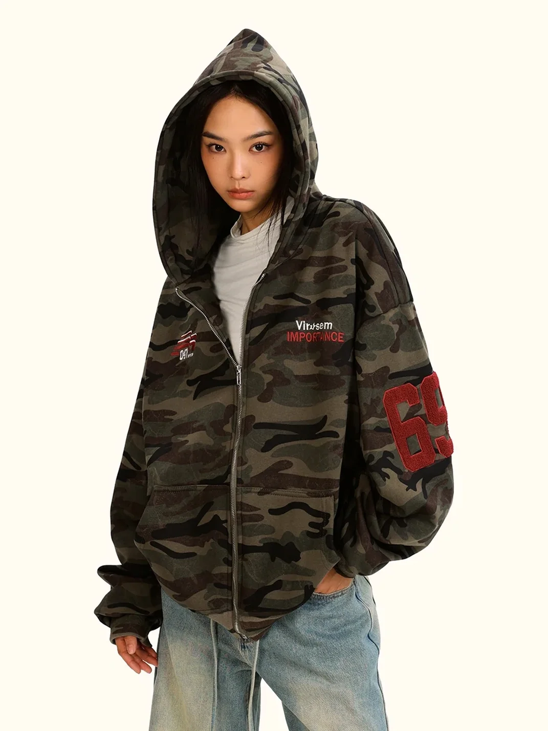 0123 Start | Loose Fit Fleece-Lined Camouflage Zip-Up Hoodie
