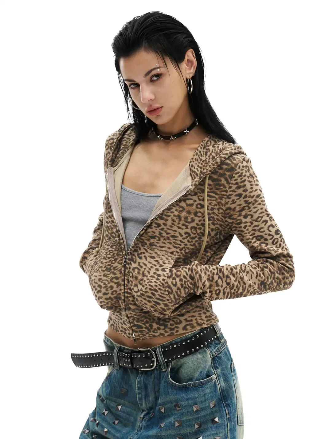 0123 Start | Leopard Print Slim-Fit Cropped Drawstring Hoodie
