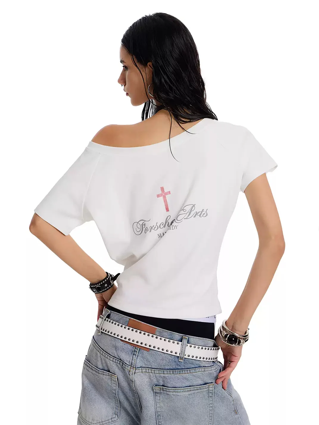 0123 Start | Loose Off-Shoulder Cross Print Short-Sleeve T-Shirt