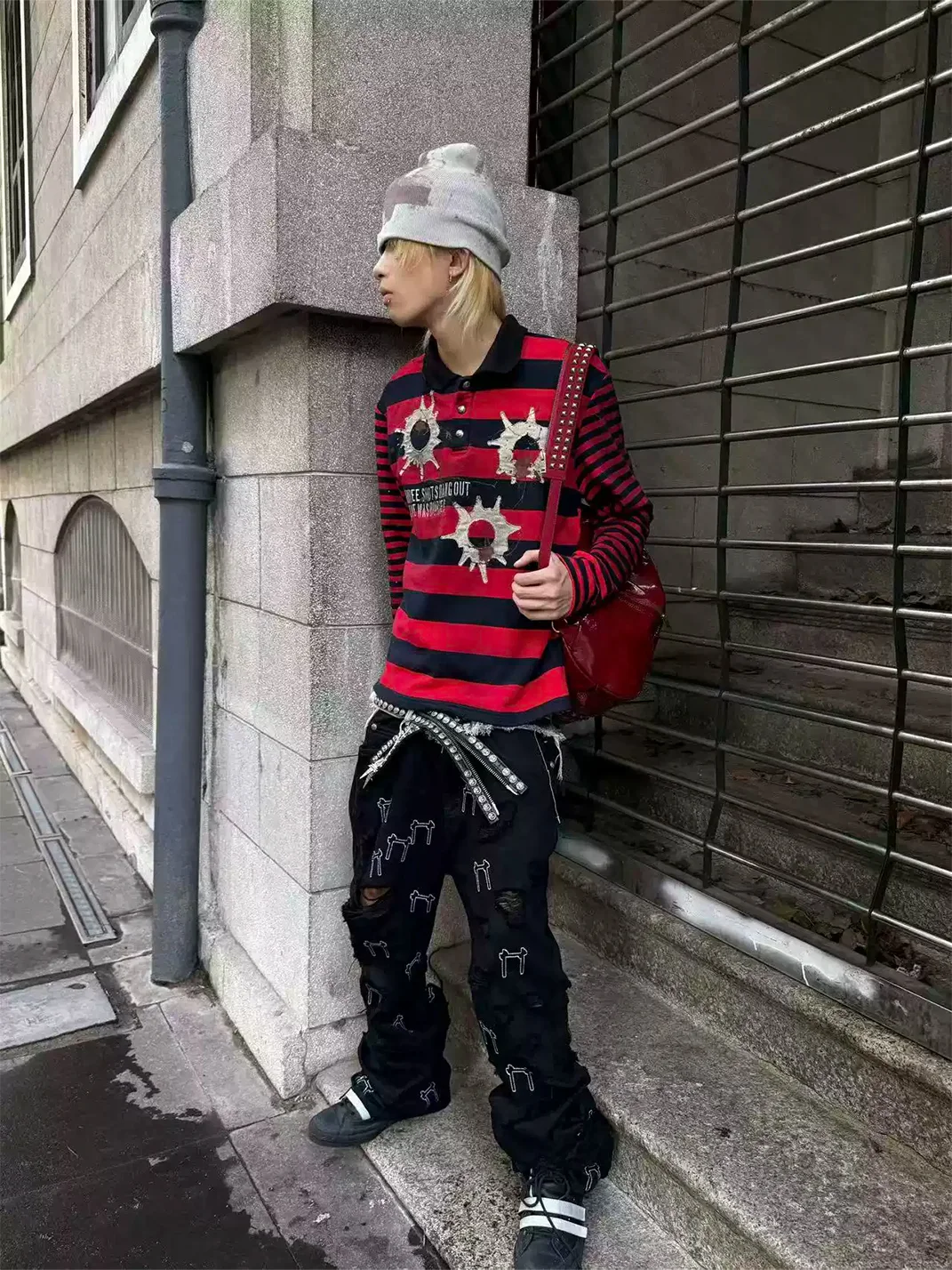 4AMSTUDIO | Distressed Contrast Long Sleeve Polo Shirt