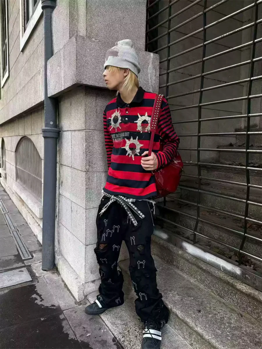 4AMSTUDIO | Distressed Contrast Long Sleeve Polo Shirt - 4