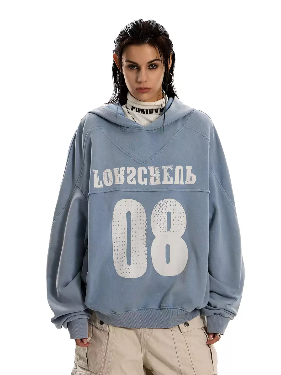 0123 Start | Washed Distressed Loose-Fit Pullover Hoodie