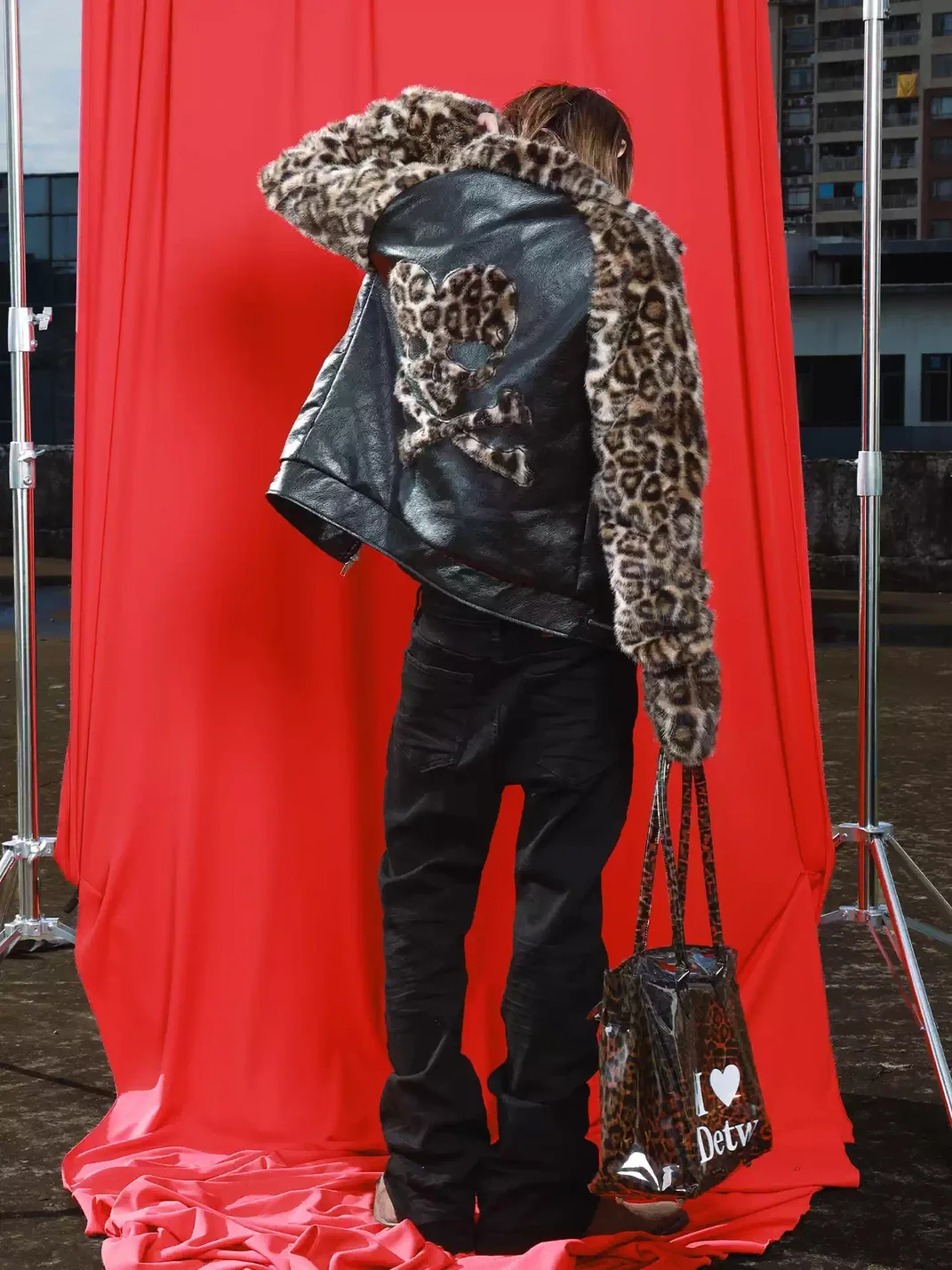 DETW | Cropped Leopard Panel Faux Leather Stand-Collar Raglan Jacket