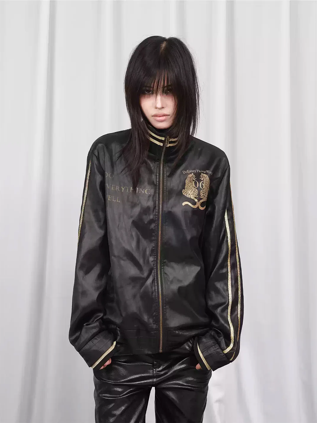 DETW | Twin-Leopard Print Satin Stand-Collar Jacket