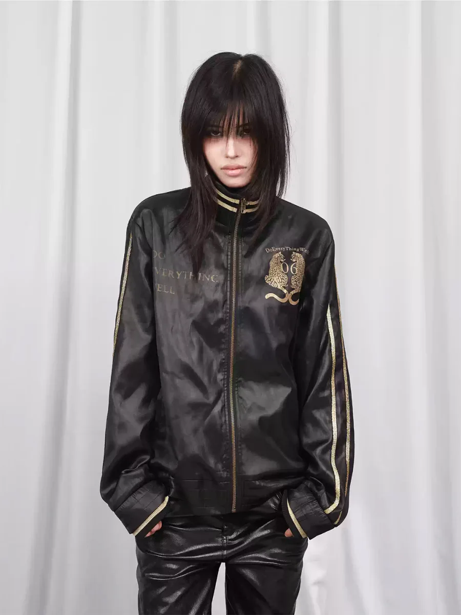DETW | Twin-Leopard Print Satin Stand-Collar Jacket - 2