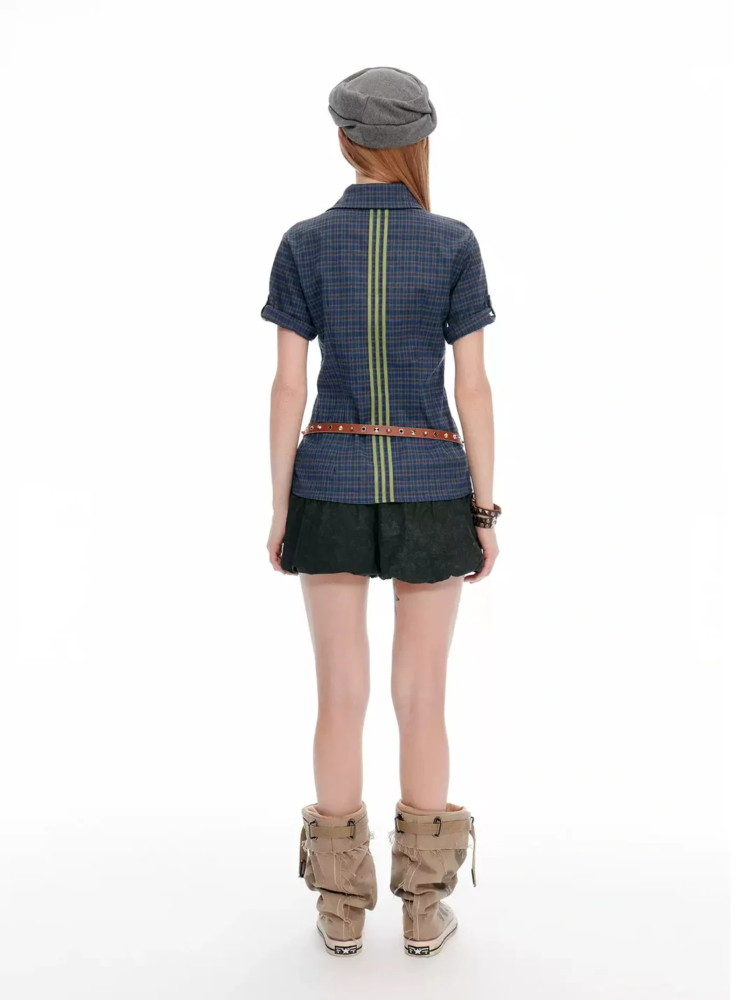 JIKOO | Short-Sleeve Plaid Shirt With Turn-Down Collar