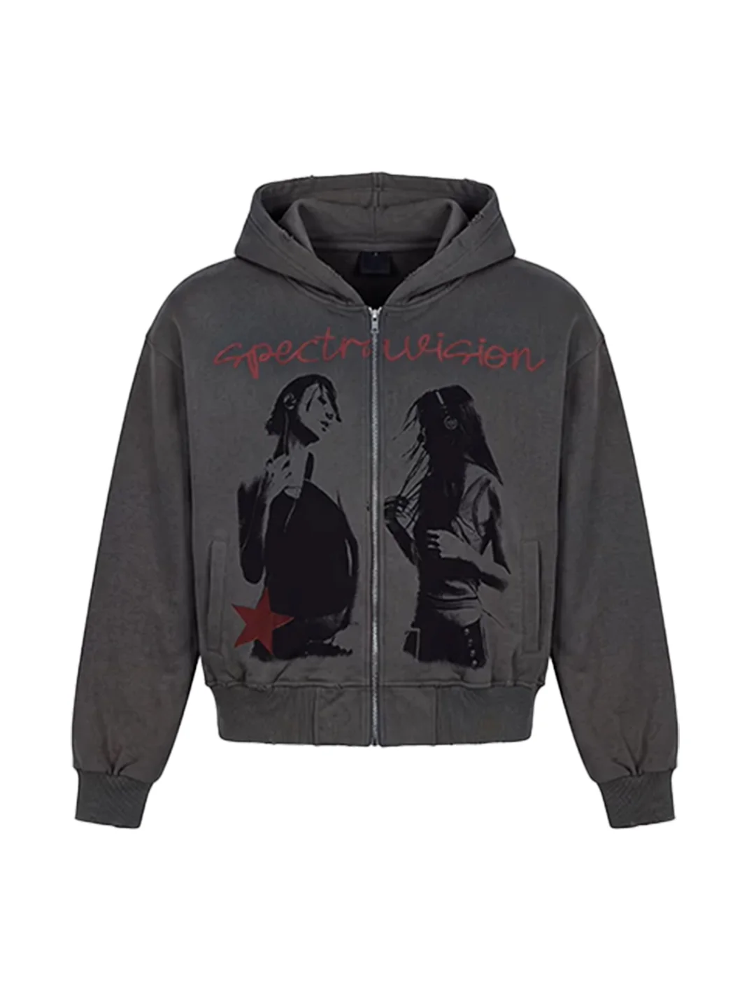 0123 Start | Distressed Portrait Print Loose Zip-Up Hoodie
