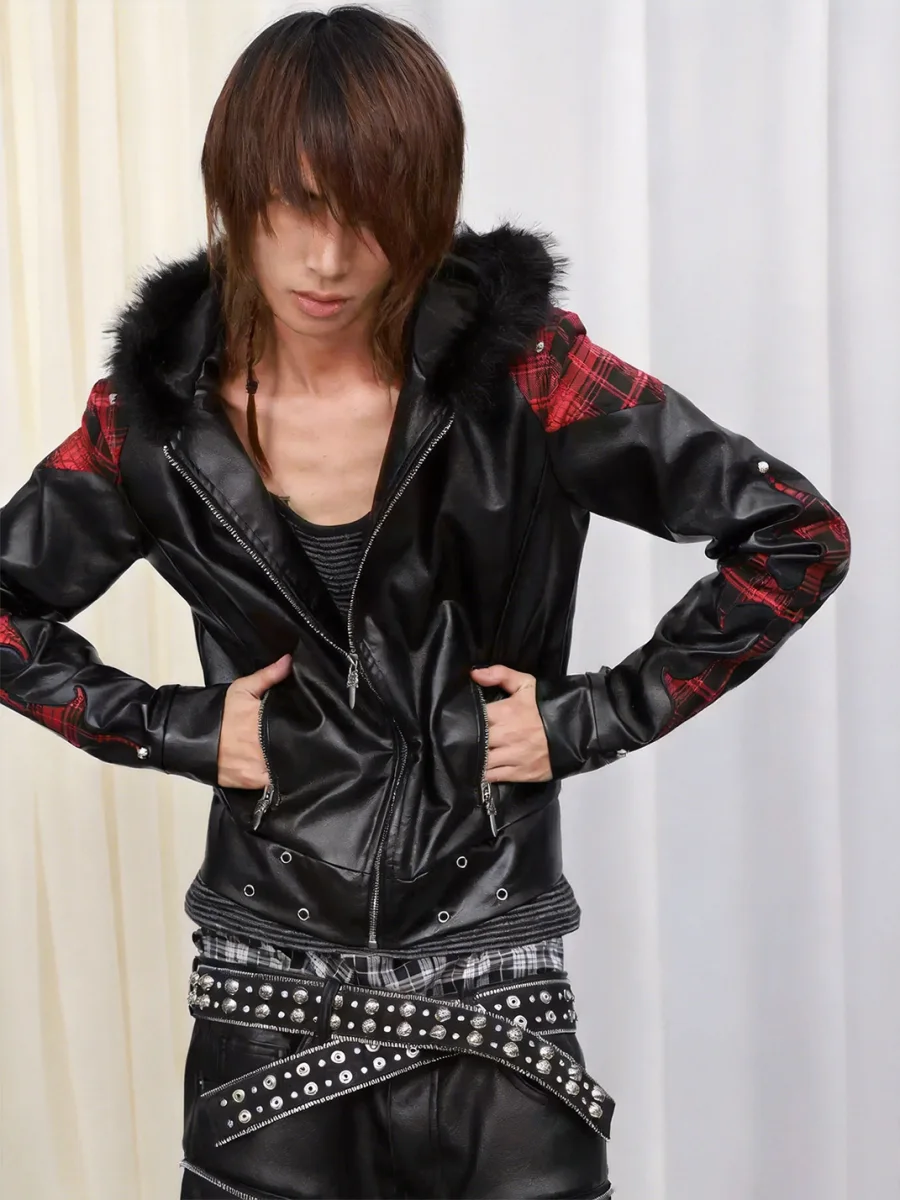 DETW | Studded Plaid Hooded Faux Leather Jacket - 3