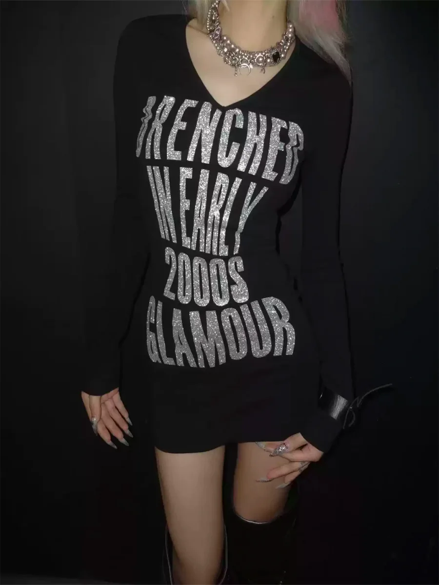 4AMSTUDIO | V-Neck Long Sleeve Bodycon Skull Print Dress - 2