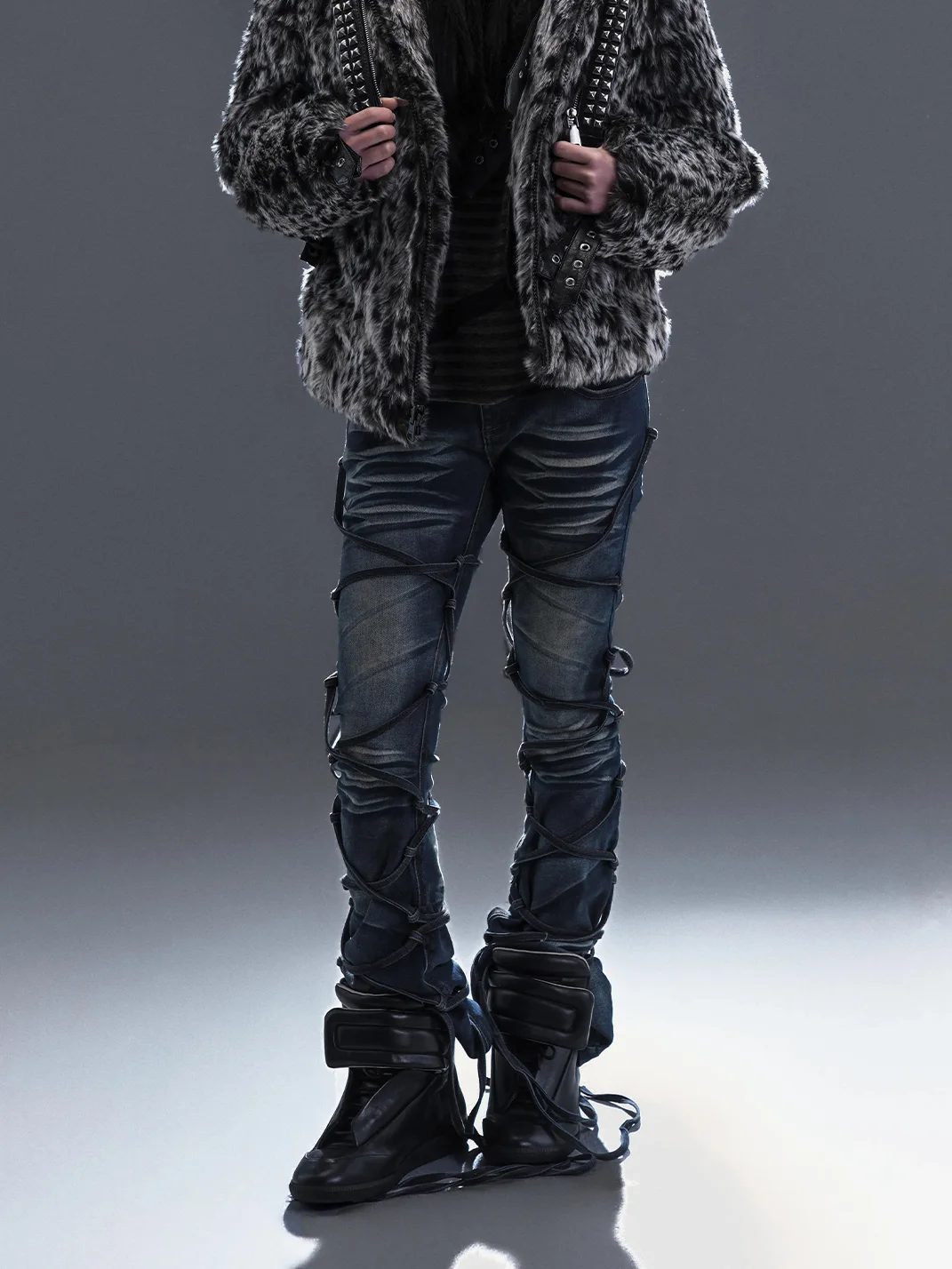 PCCVISION | Lace-Up Distressed Stretch Slim-Fit Flared Jeans