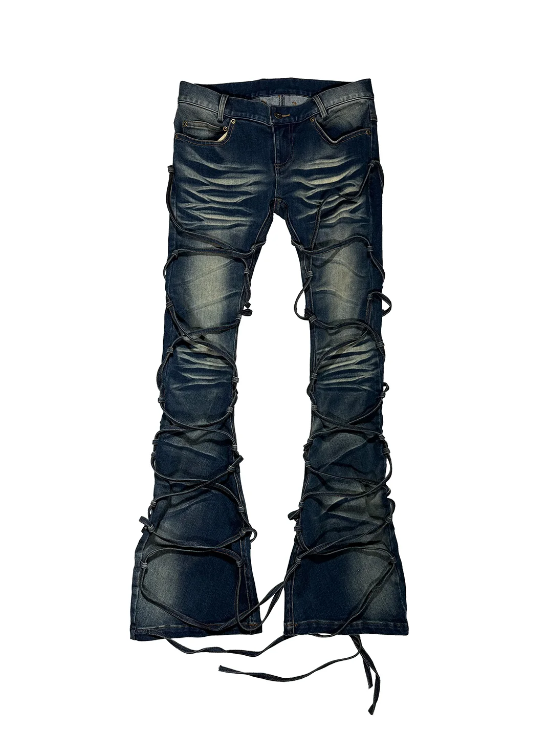 PCCVISION | Lace-Up Distressed Stretch Slim-Fit Flared Jeans
