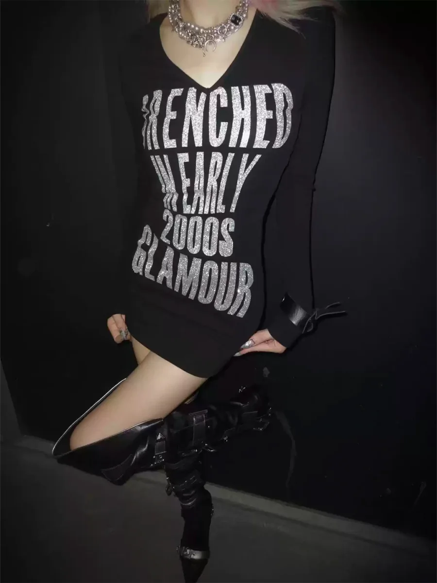 4AMSTUDIO | V-Neck Long Sleeve Bodycon Skull Print Dress - 3