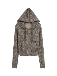 0123 Start | Leopard Print Slim-Fit Cropped Drawstring Hoodie
