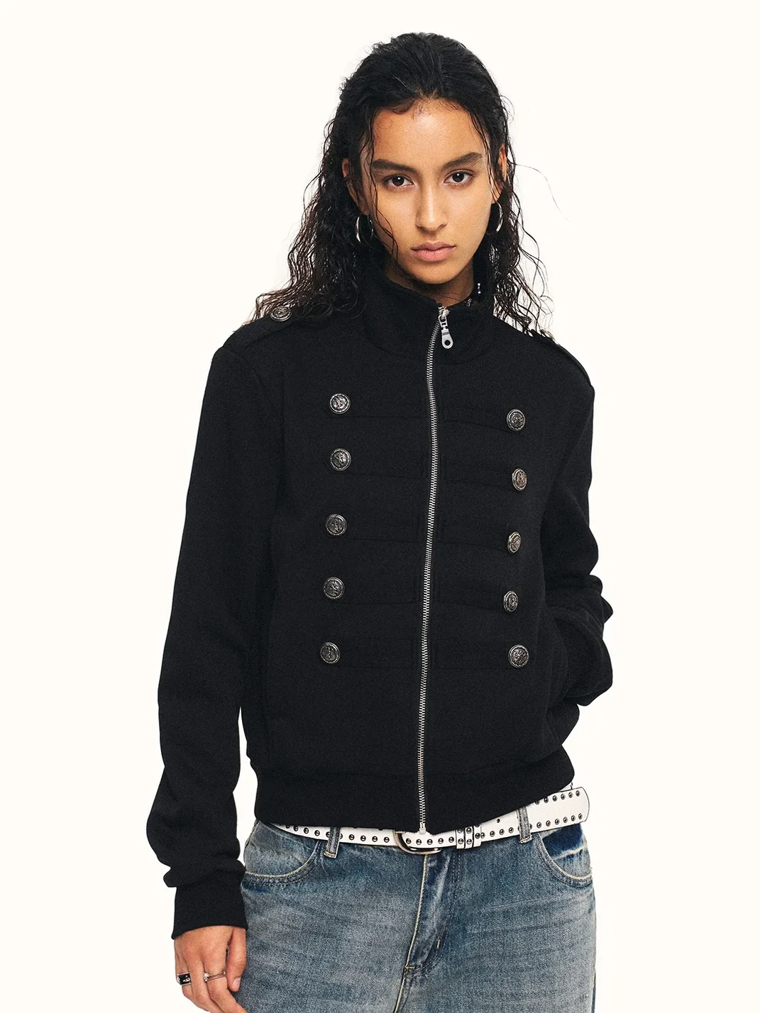 0123 Start | Stand-Collar Double-Breasted Cropped Slim-Fit Jacket