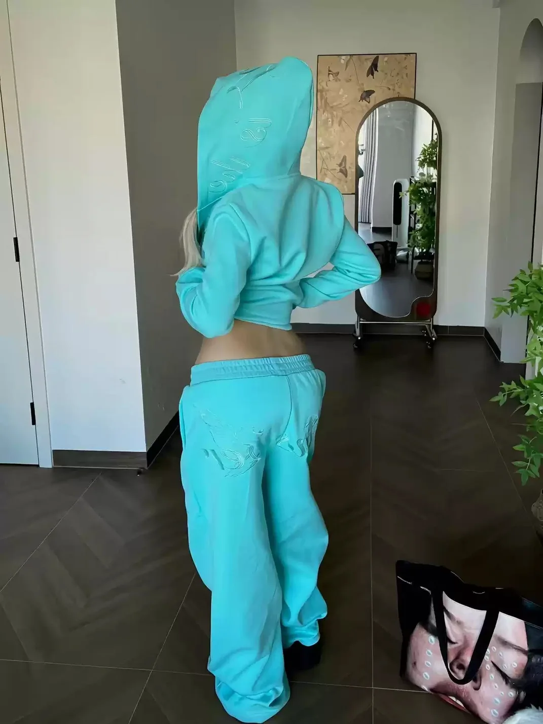 DETW | Mint Green Embroidered Letter Loose Straight-Leg Sweatpants