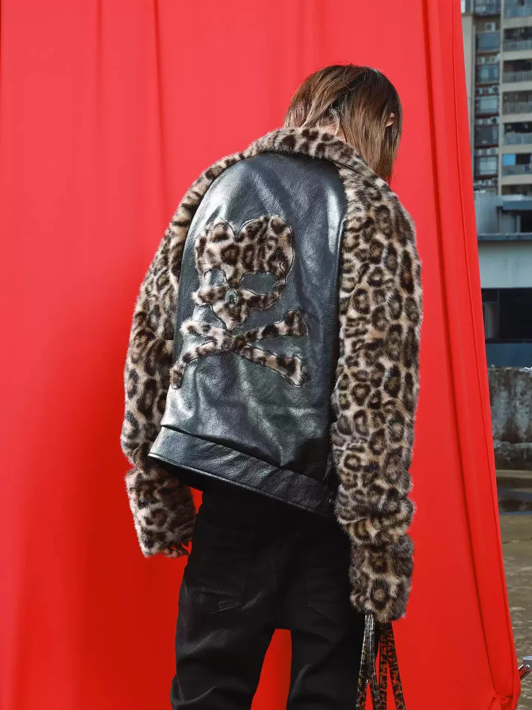 DETW | Cropped Leopard Panel Faux Leather Stand-Collar Raglan Jacket