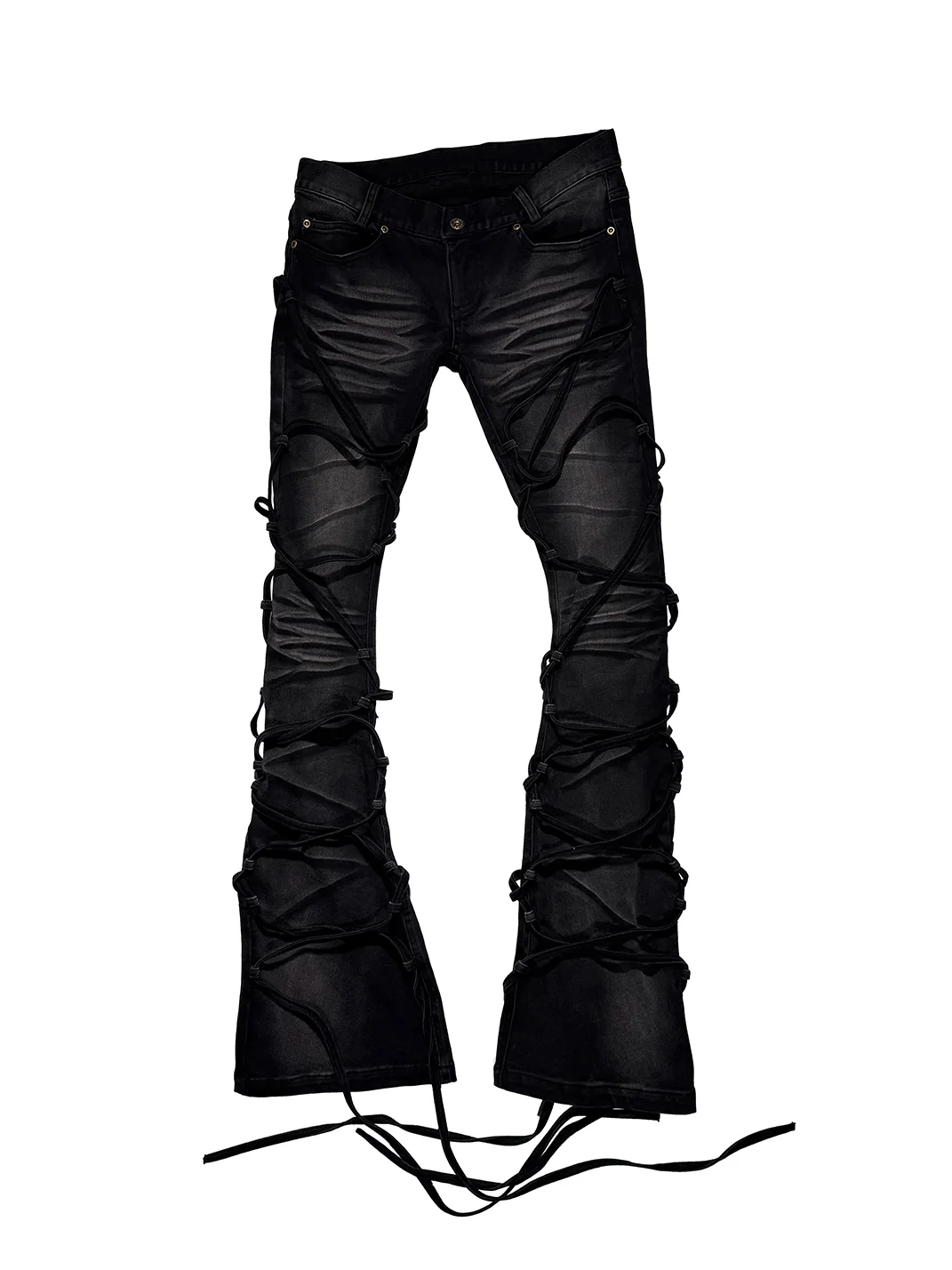 PCCVISION | Lace-Up Distressed Stretch Slim-Fit Flared Jeans