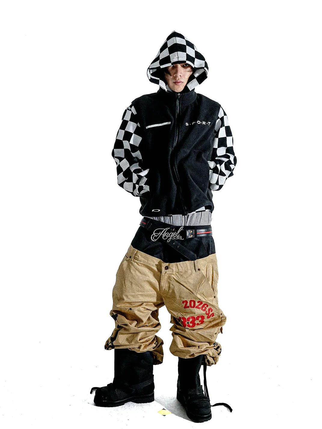 PCCVISION | Double-Waist Distressed Pleated Printed Double-Knee Loose Cargo Pants