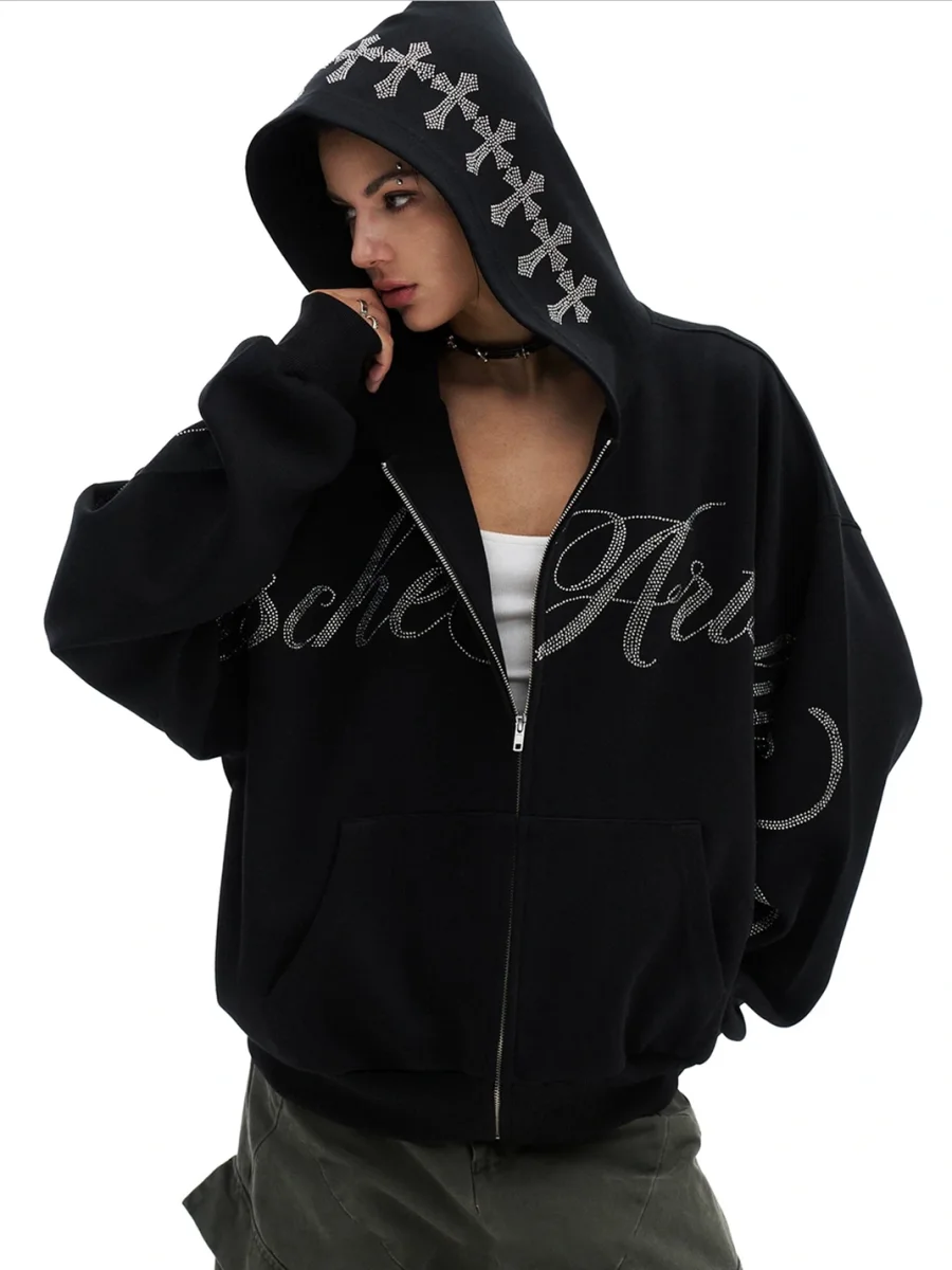 0123 Start | Loose Rhinestone Cross Lettering Zip-Up Hoodie - 4