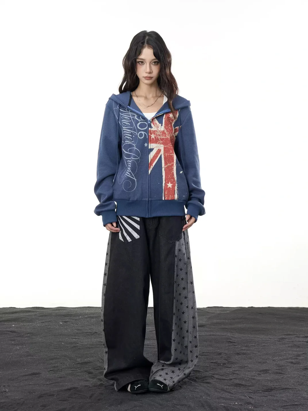ONLPP | Distressed Flag Print Waffle Zip-Up Hoodie