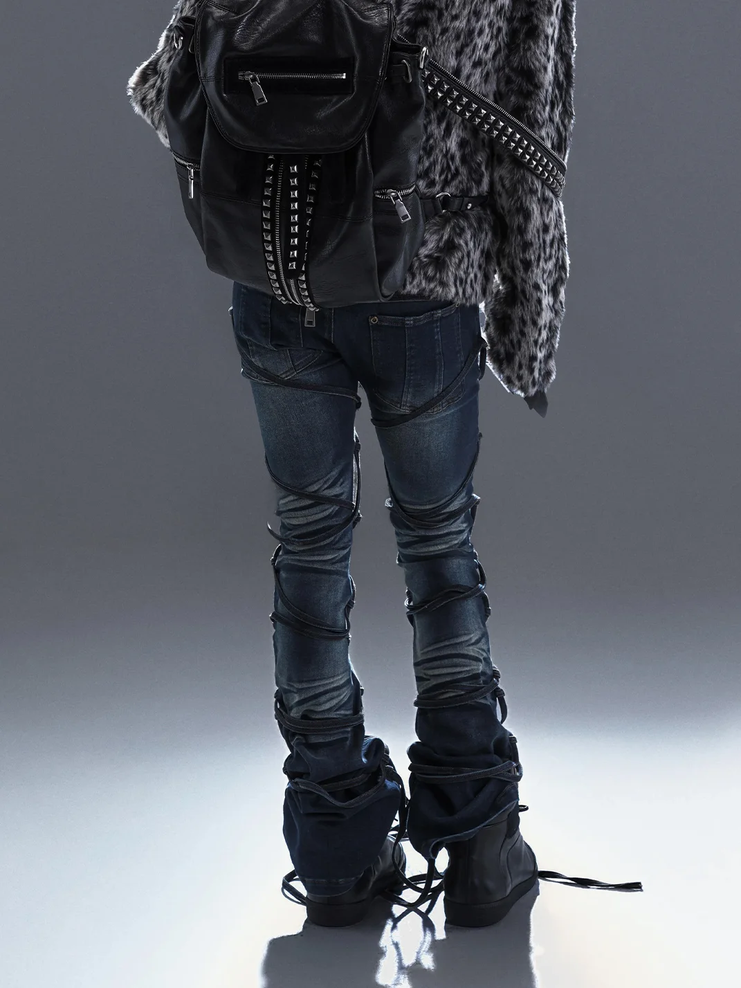 PCCVISION | Lace-Up Distressed Stretch Slim-Fit Flared Jeans