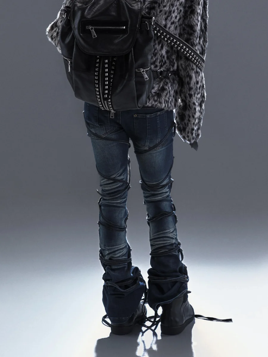 PCCVISION | Lace-Up Distressed Stretch Slim-Fit Flared Jeans - 3