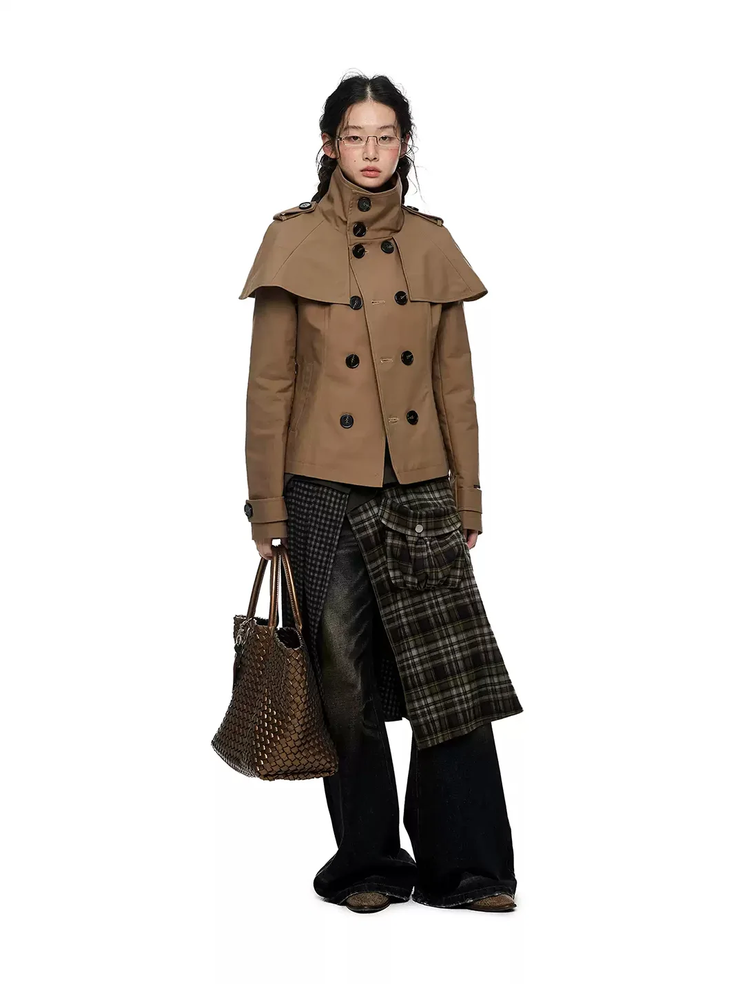 JIKOO | Plaid Patchwork High-Slit Cargo Skirt