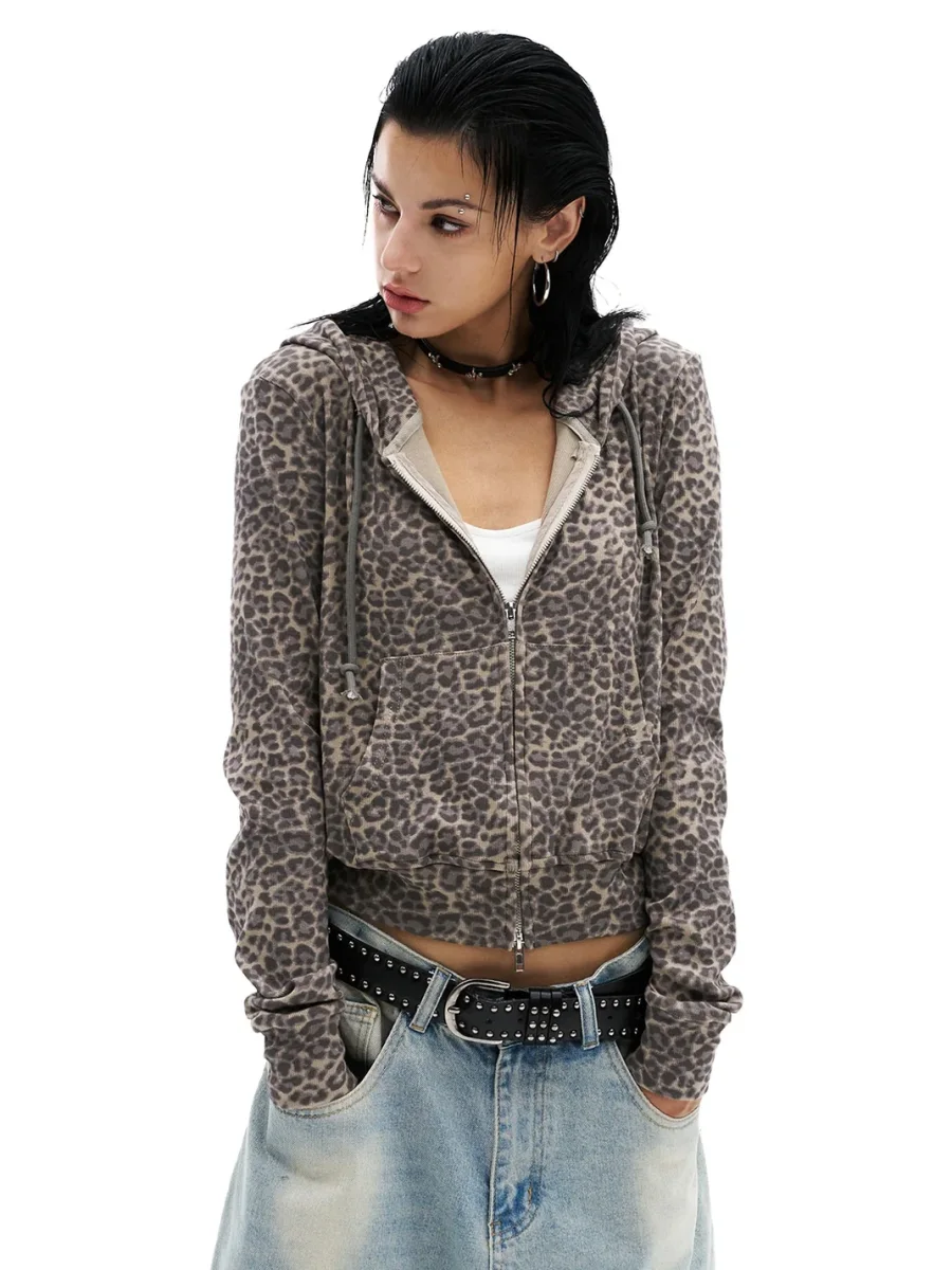 0123 Start | Leopard Print Slim-Fit Cropped Drawstring Hoodie - 2