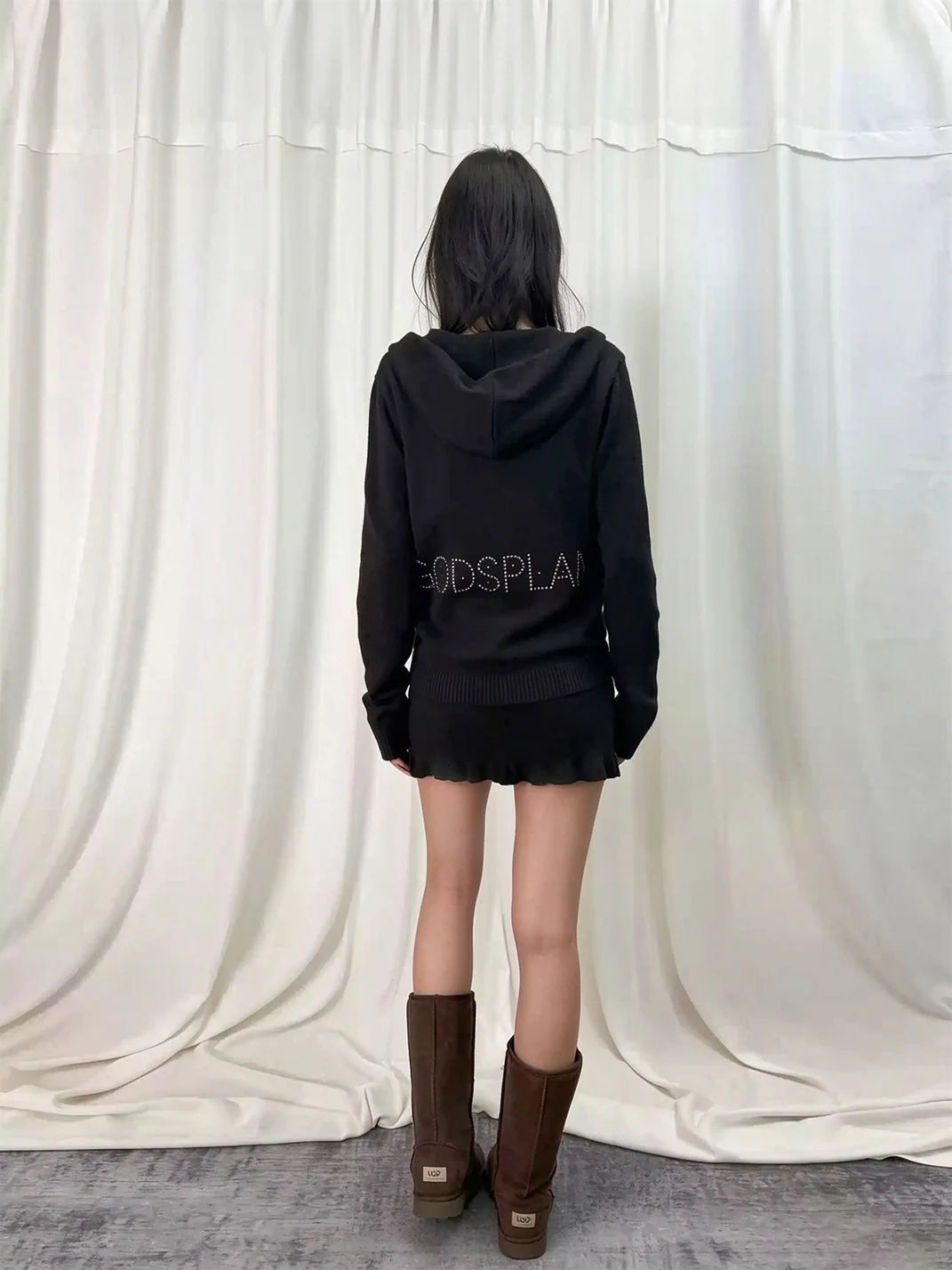 Gods plan | Fitted Cropped Hooded Zip-Up Knit Skirt Set