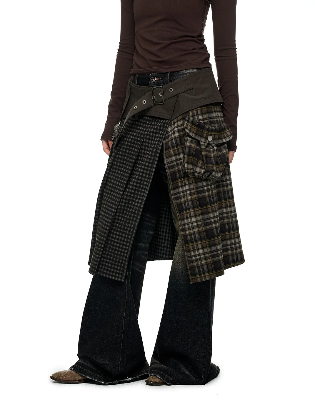 JIKOO | Plaid Patchwork High-Slit Cargo Skirt