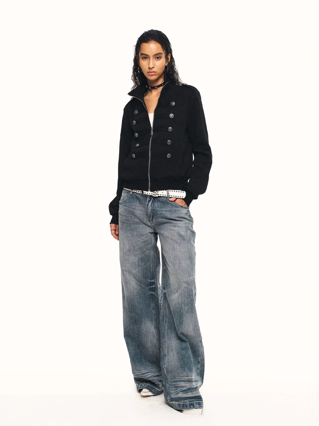 0123 Start | Stand-Collar Double-Breasted Cropped Slim-Fit Jacket