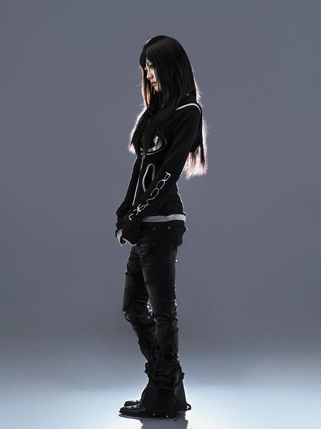 PCCVISION | Lace-Up Distressed Stretch Slim-Fit Flared Jeans