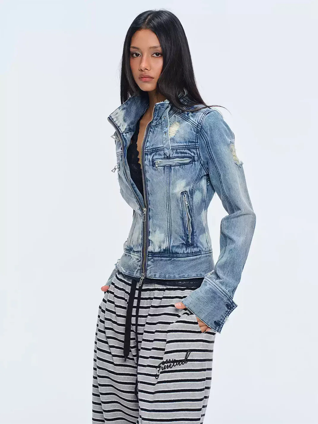 BUM STUDIO | Slim-Fit Washed Denim Jacket With Metal Zippers