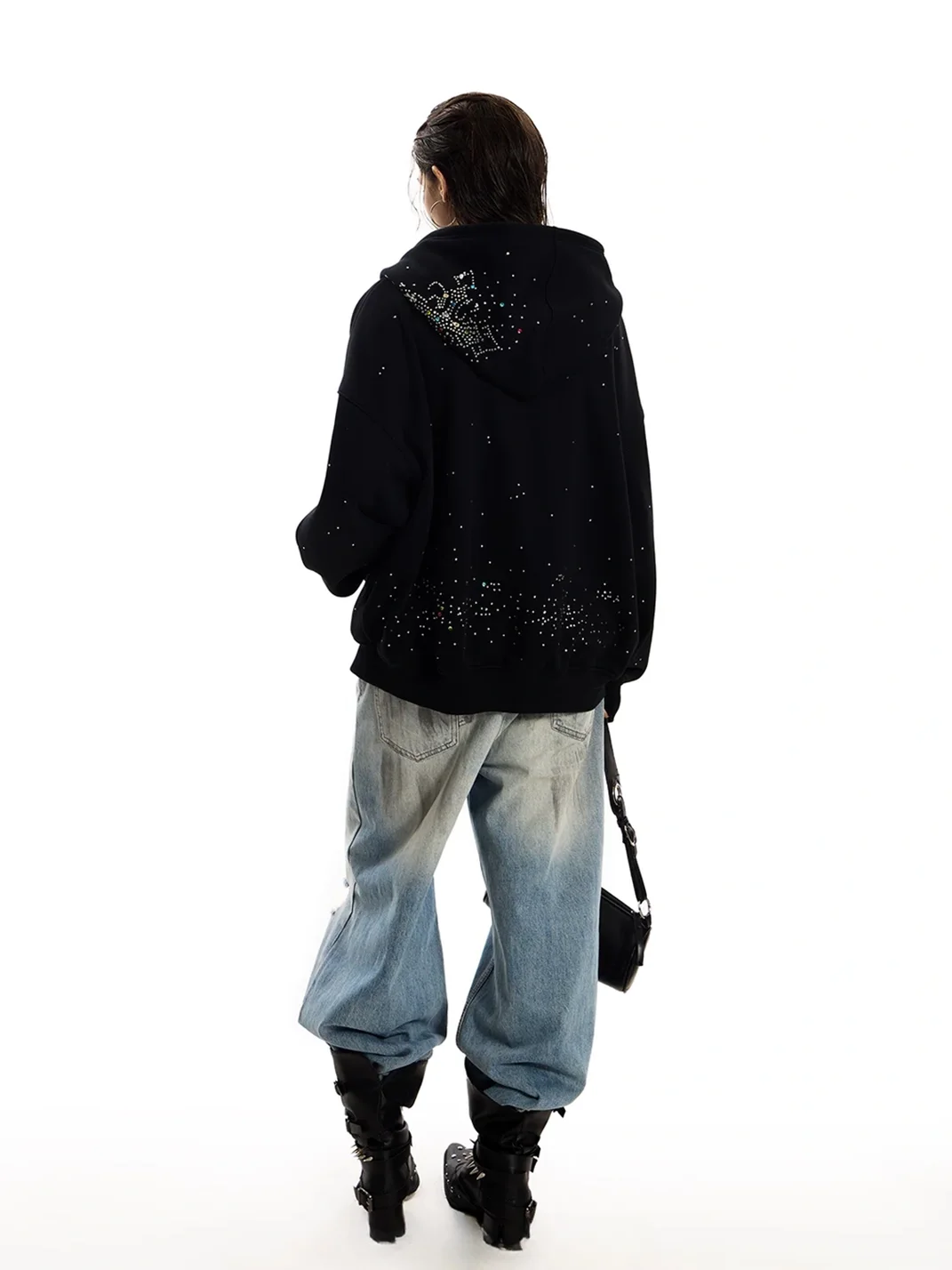 0123 Start | Loose Fit Cross Rhinestone Hooded Sweatshirt