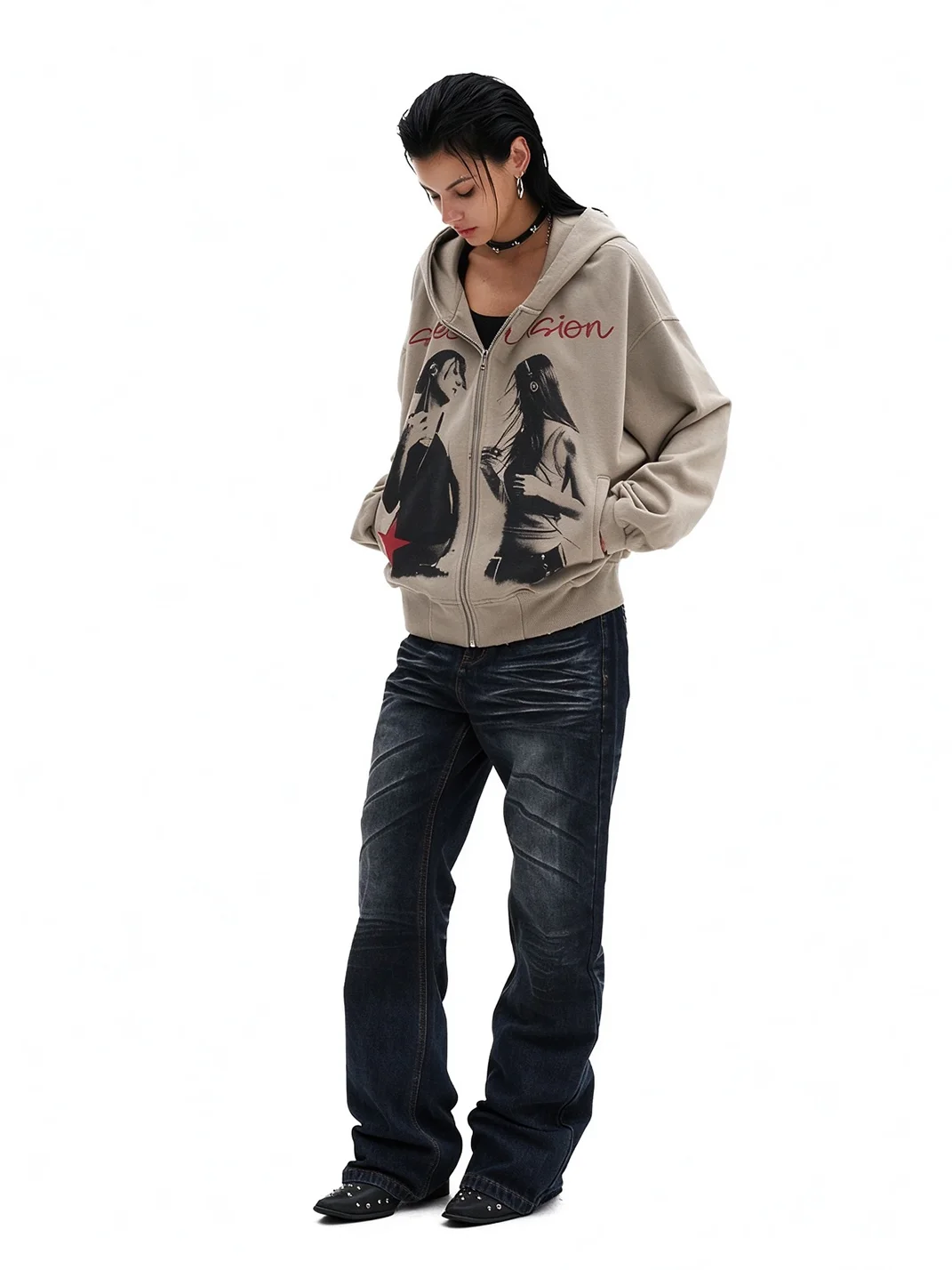 0123 Start | Distressed Portrait Print Loose Zip-Up Hoodie