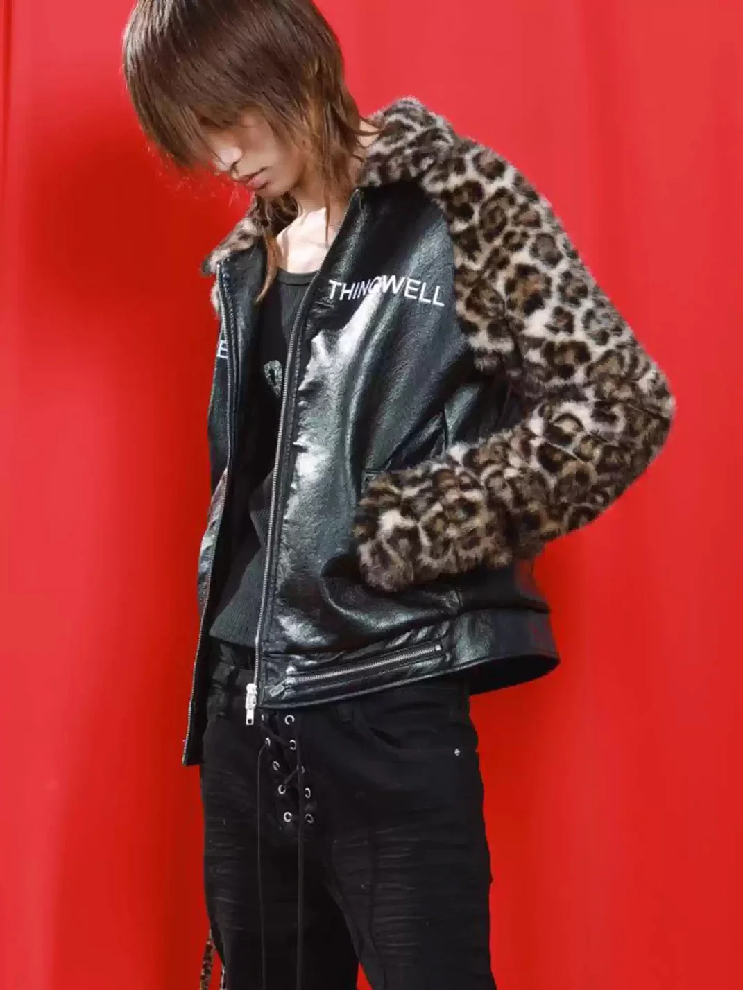 DETW | Cropped Leopard Panel Faux Leather Stand-Collar Raglan Jacket