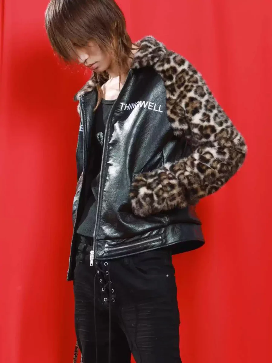 DETW | Cropped Leopard Panel Faux Leather Stand-Collar Raglan Jacket - 2