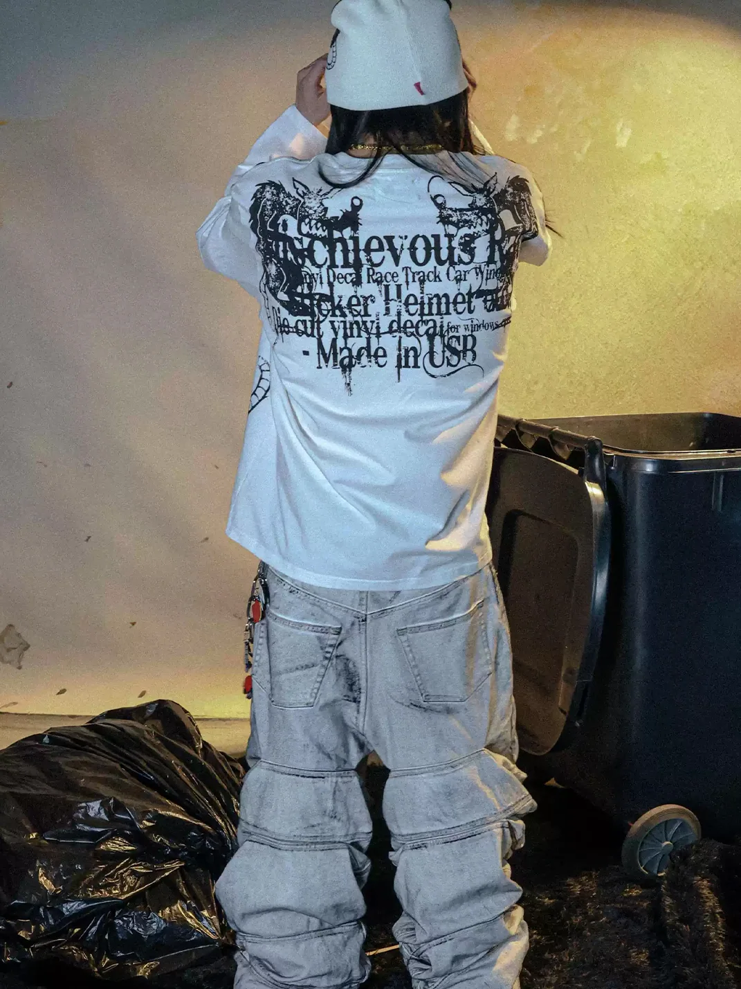 PCCVISION | Distressed Graphic Crewneck Loose Fit Long Sleeve T-Shirt