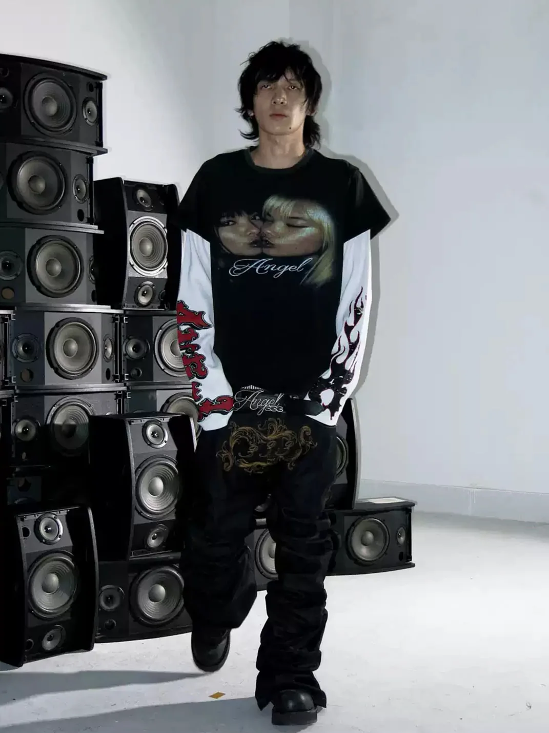 PCCVISION | Distressed Faux-Layered Waffle Panel Graphic Crewneck T-Shirt